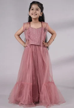 Embroidered Georgette Crop Top Set in Old Rose