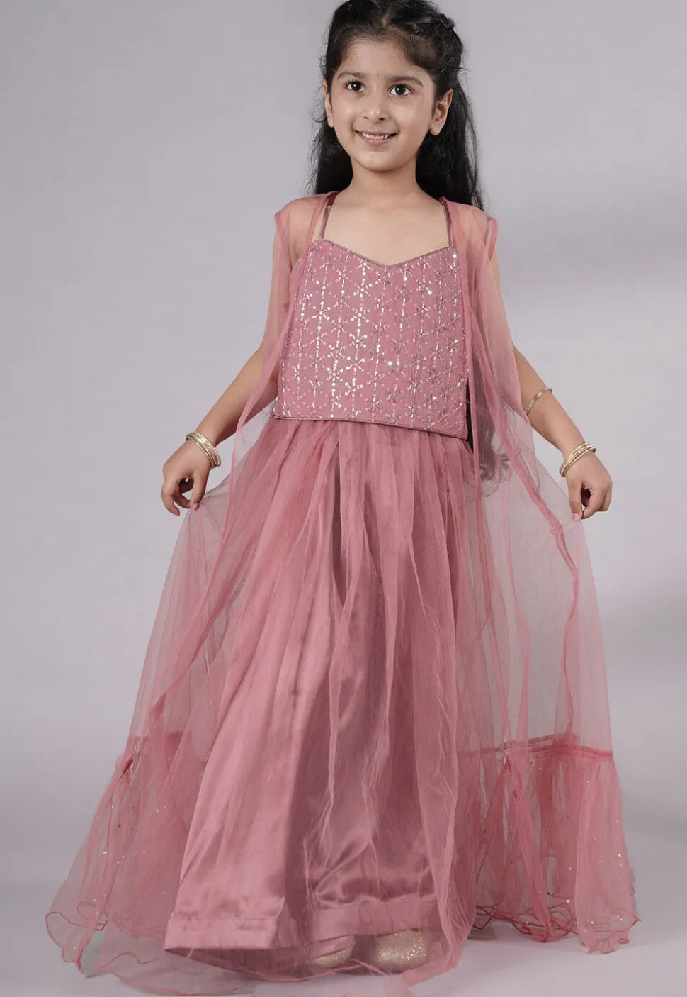 Embroidered Georgette Crop Top Set in Old Rose
