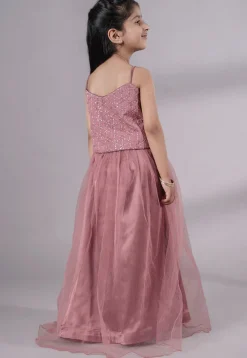 Embroidered Georgette Crop Top Set in Old Rose