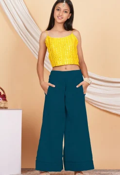 Embroidered Georgette Crop Top Set in Yellow and Teal Blue