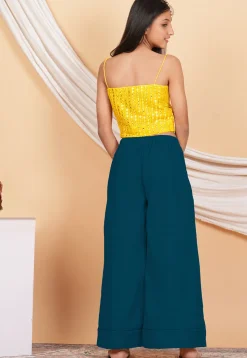 Embroidered Georgette Crop Top Set in Yellow and Teal Blue