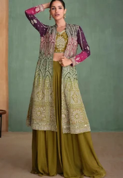 Embroidered Georgette Crop Top Set in Olive Green