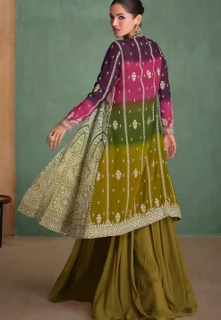 Embroidered Georgette Crop Top Set in Olive Green
