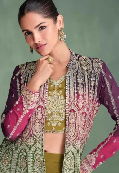 Embroidered Georgette Crop Top Set in Olive Green