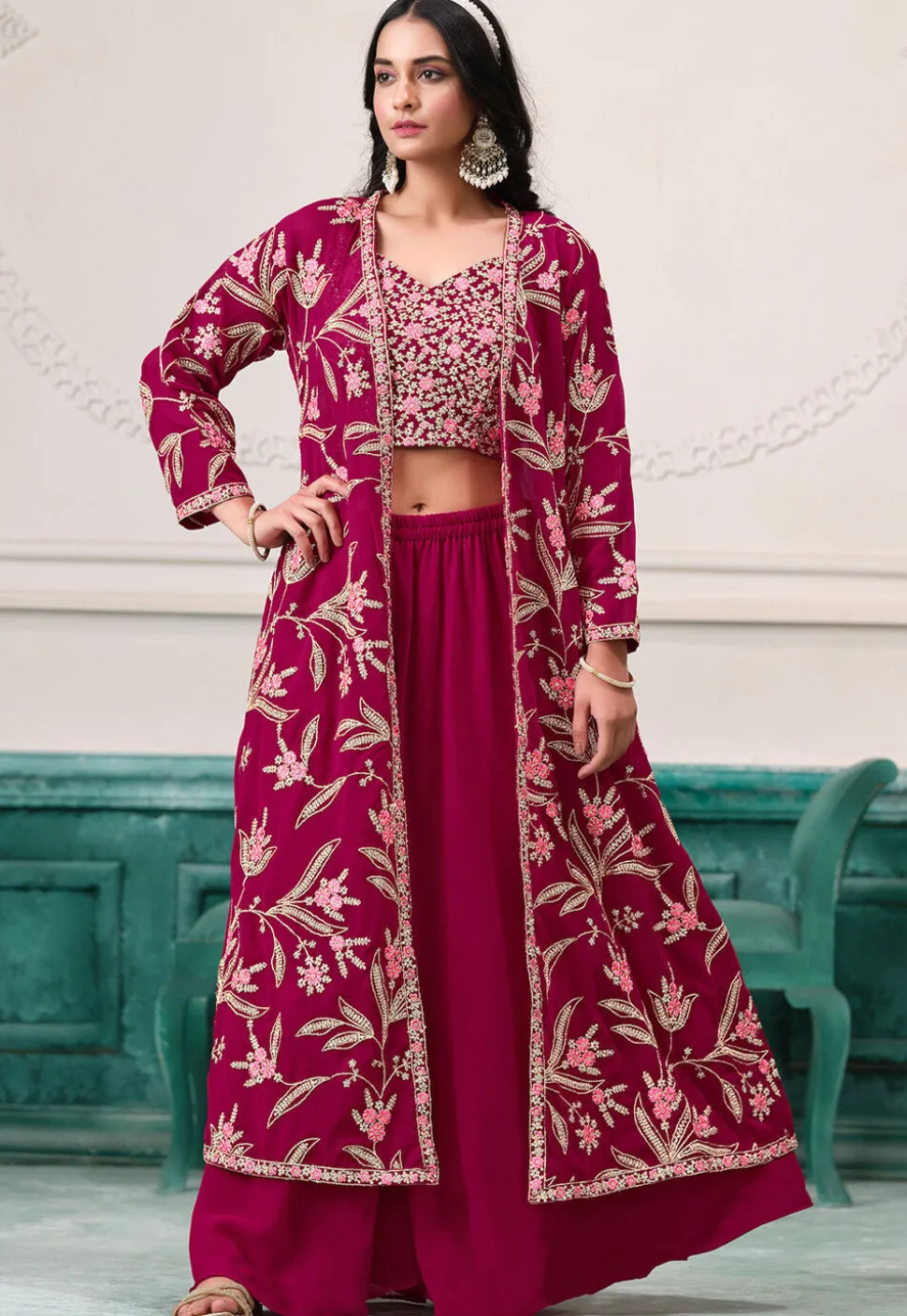 Embroidered Georgette Crop Top Set in Magenta