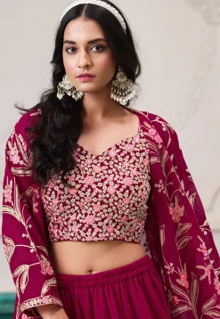 Embroidered Georgette Crop Top Set in Magenta