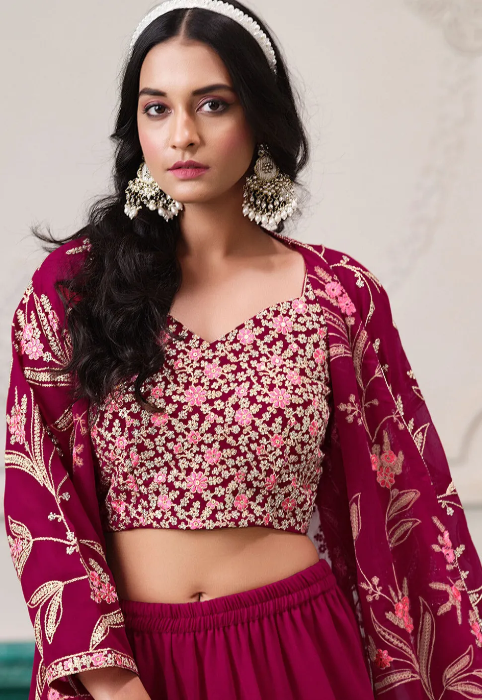 Embroidered Georgette Crop Top Set in Magenta
