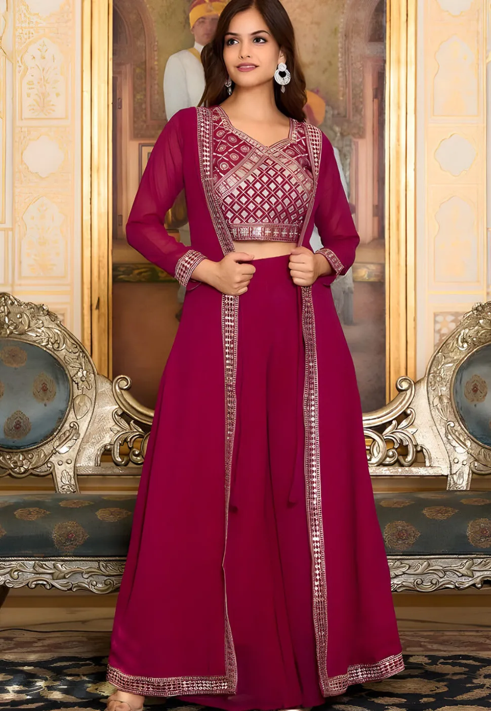 Embroidered Georgette Crop Top Set in Pink