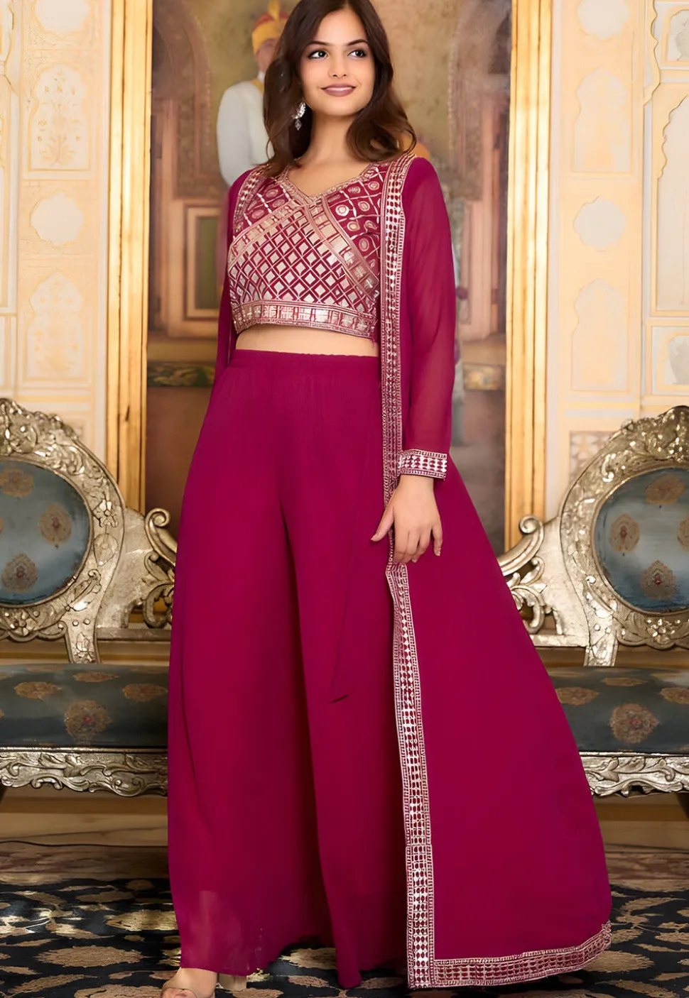 Embroidered Georgette Crop Top Set in Pink