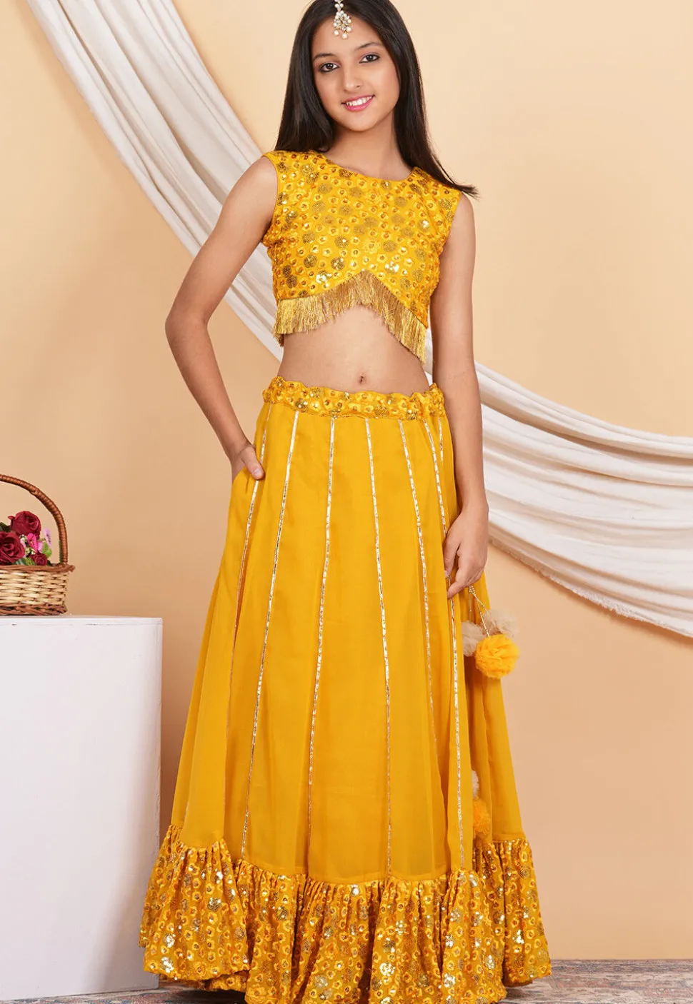 Embroidered Georgette Crop Top Set in Mustard