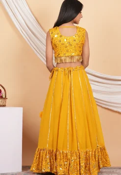 Embroidered Georgette Crop Top Set in Mustard