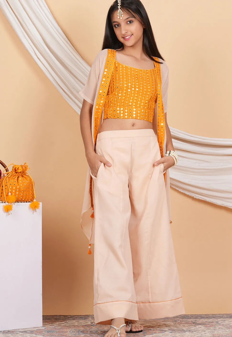 Embroidered Georgette Crop Top Set in Orange