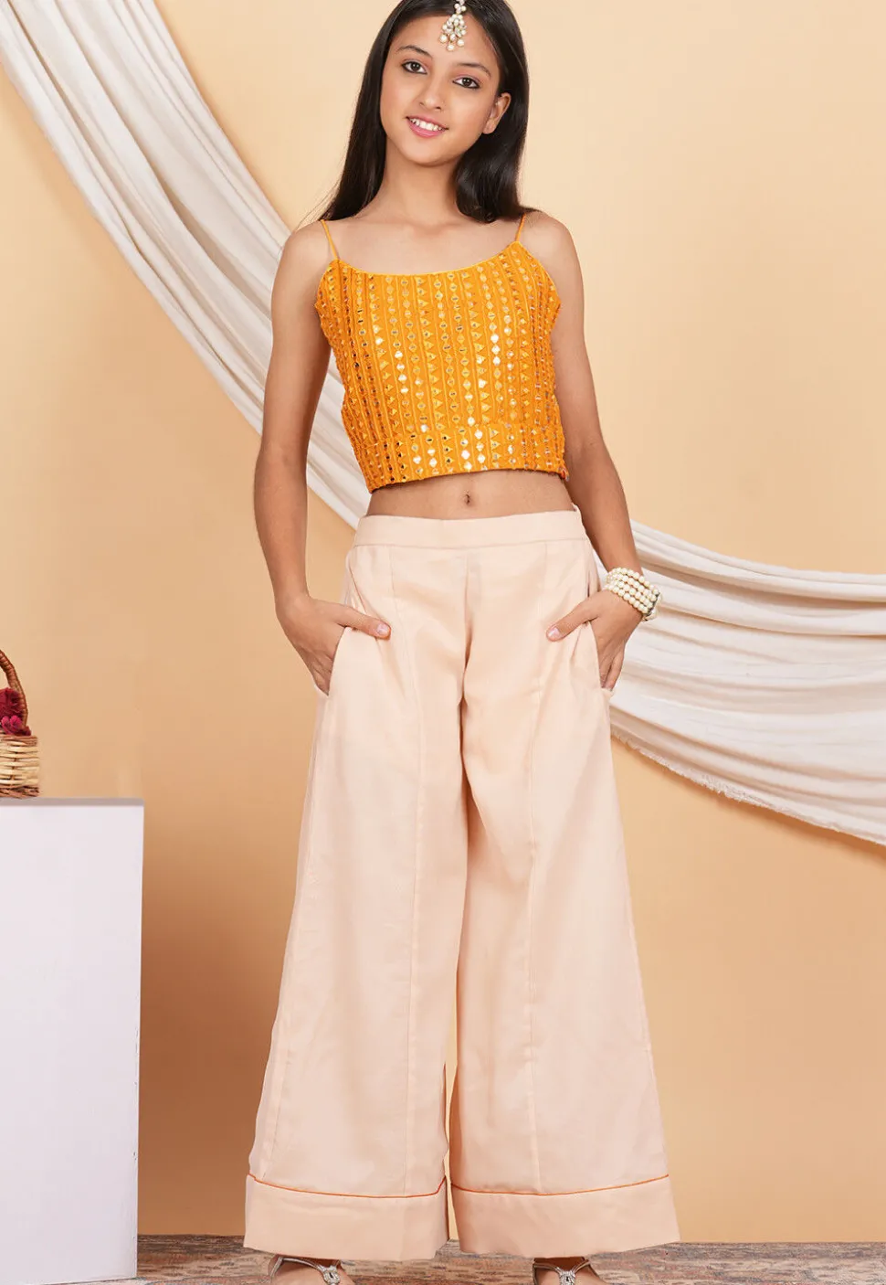Embroidered Georgette Crop Top Set in Orange
