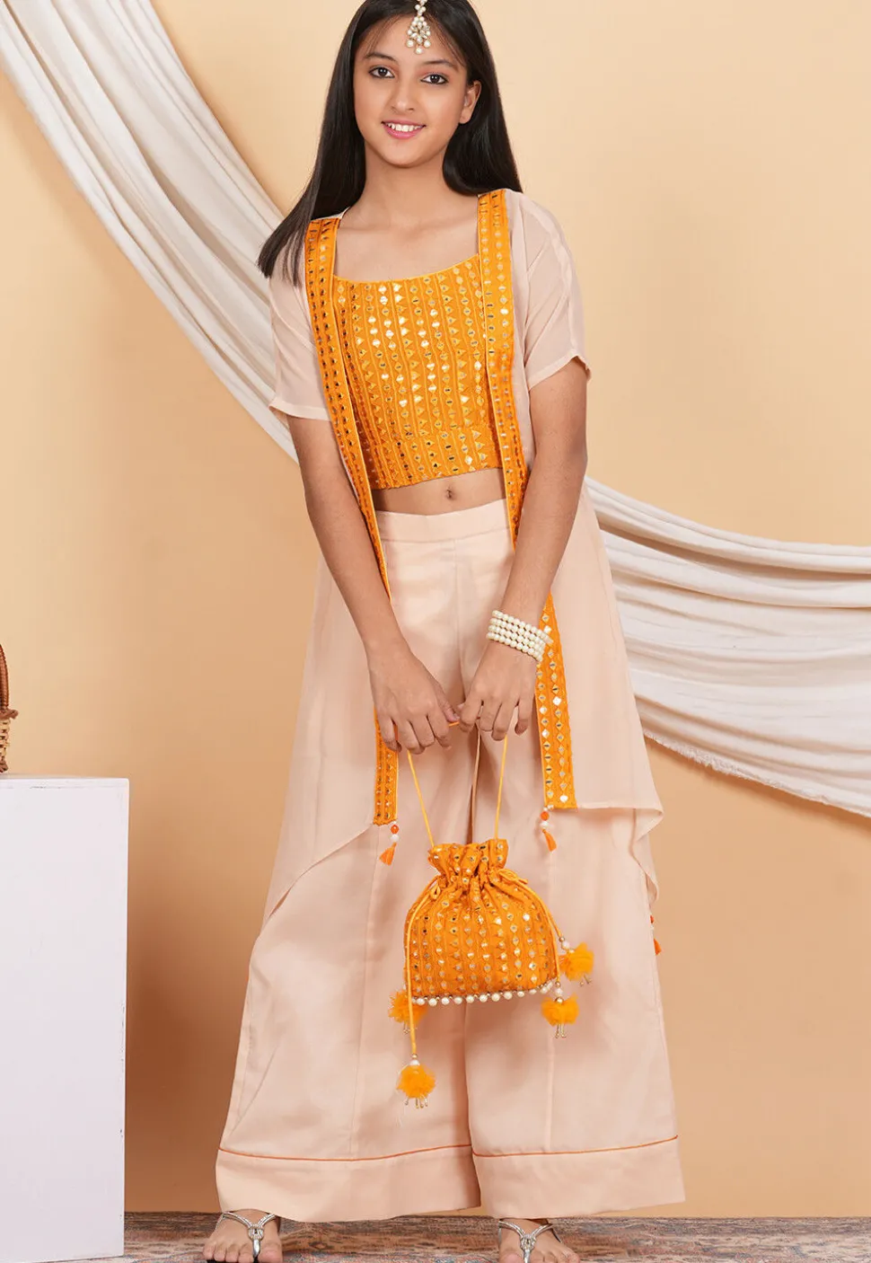 Embroidered Georgette Crop Top Set in Orange