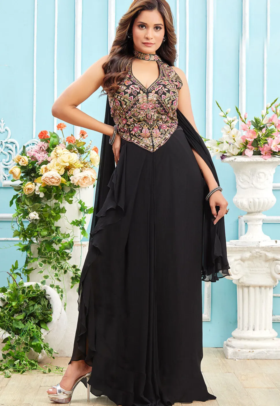 Embroidered Georgette Crop Top Set in Black