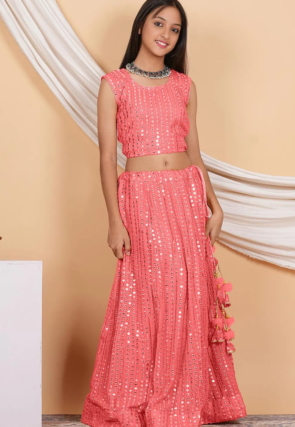 Embroidered Georgette Crop Top Set in Coral Peach