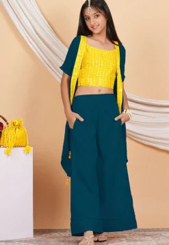Embroidered Georgette Crop Top Set in Yellow and Teal Blue