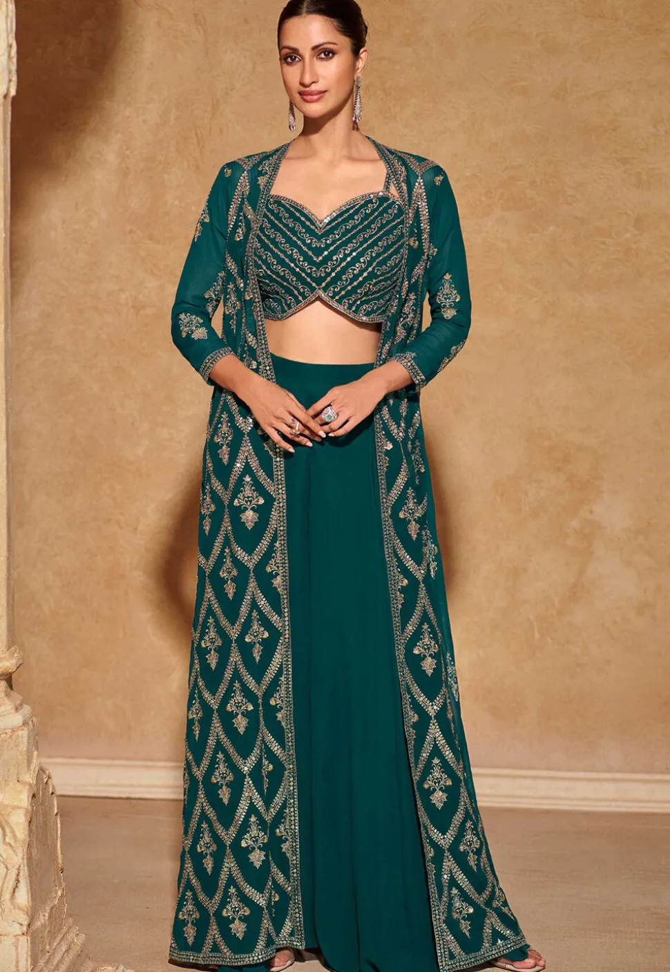 Embroidered Georgette Crop Top Set in Teal Green