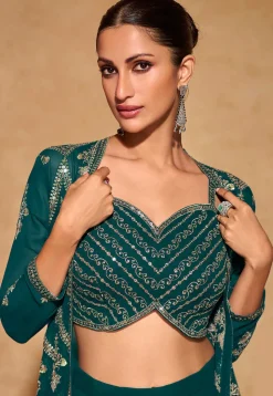 Embroidered Georgette Crop Top Set in Teal Green