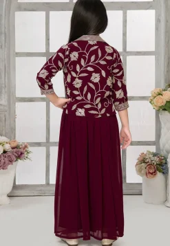 Embroidered Georgette Crop Top Set with Jacket in Wine