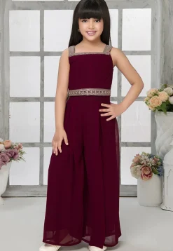 Embroidered Georgette Crop Top Set with Jacket in Wine