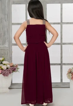 Embroidered Georgette Crop Top Set with Jacket in Wine