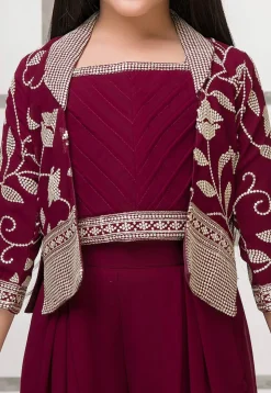 Embroidered Georgette Crop Top Set with Jacket in Wine