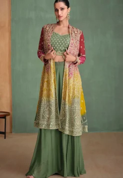 Embroidered Georgette Crop Top Set in Dusty Green