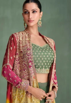 Embroidered Georgette Crop Top Set in Dusty Green