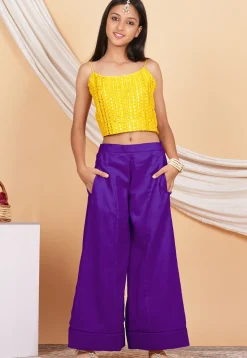 Embroidered Georgette Crop Top Set in Yellow and Purple