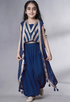 Embroidered Georgette Crop Top Set in Teal Blue