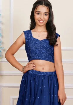 Embroidered Georgette Crop Top Set in Royal Blue