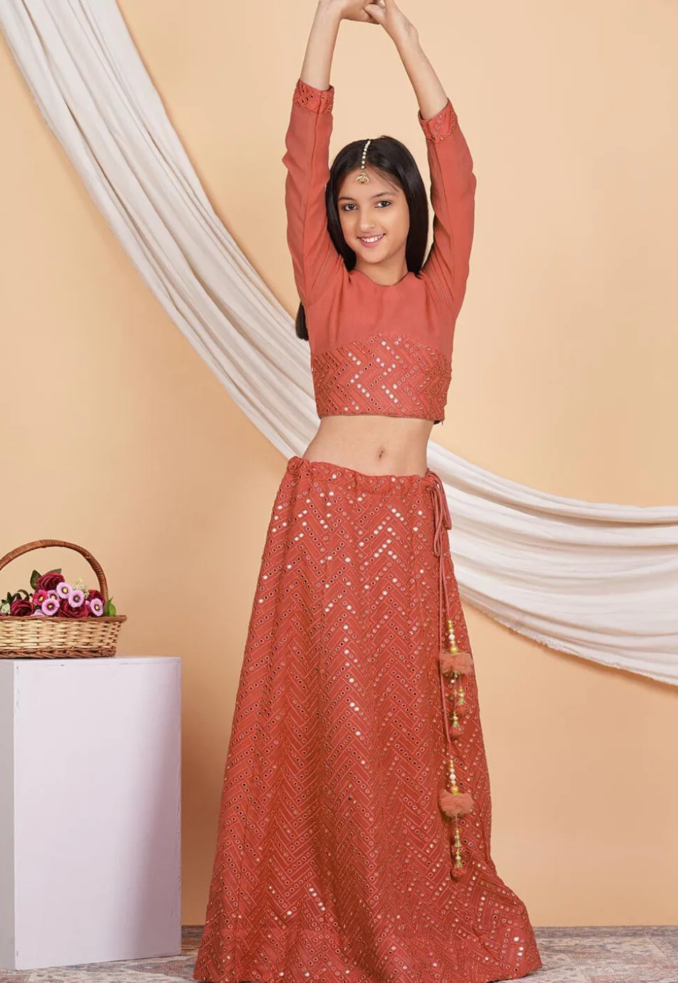 Embroidered Georgette Crop Top Set in Dark Peach