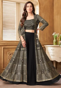 Embroidered Georgette Crop Top Set in Black