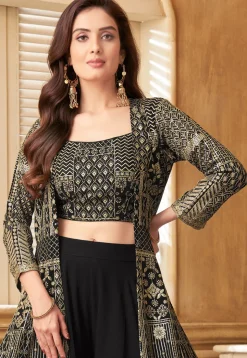 Embroidered Georgette Crop Top Set in Black