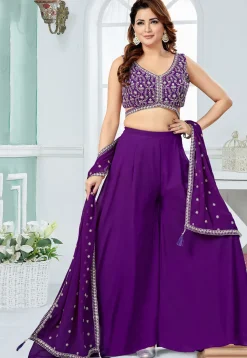 Embroidered Georgette Crop Top Set in Purple