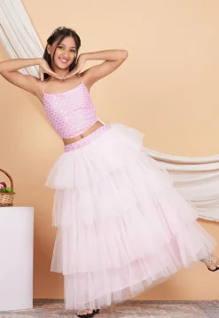 Embroidered Georgette Crop Top Set in Baby Pink