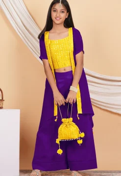 Embroidered Georgette Crop Top Set in Yellow and Purple
