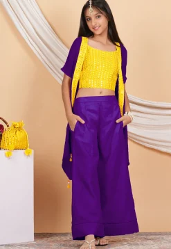 Embroidered Georgette Crop Top Set in Yellow and Purple