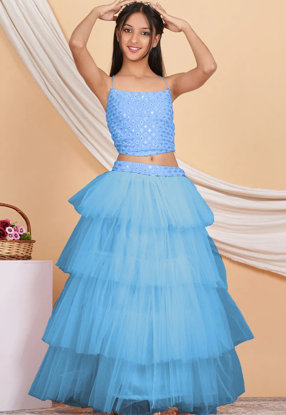 Embroidered Georgette Crop Top Set in Pastel Blue