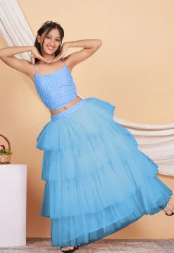 Embroidered Georgette Crop Top Set in Pastel Blue