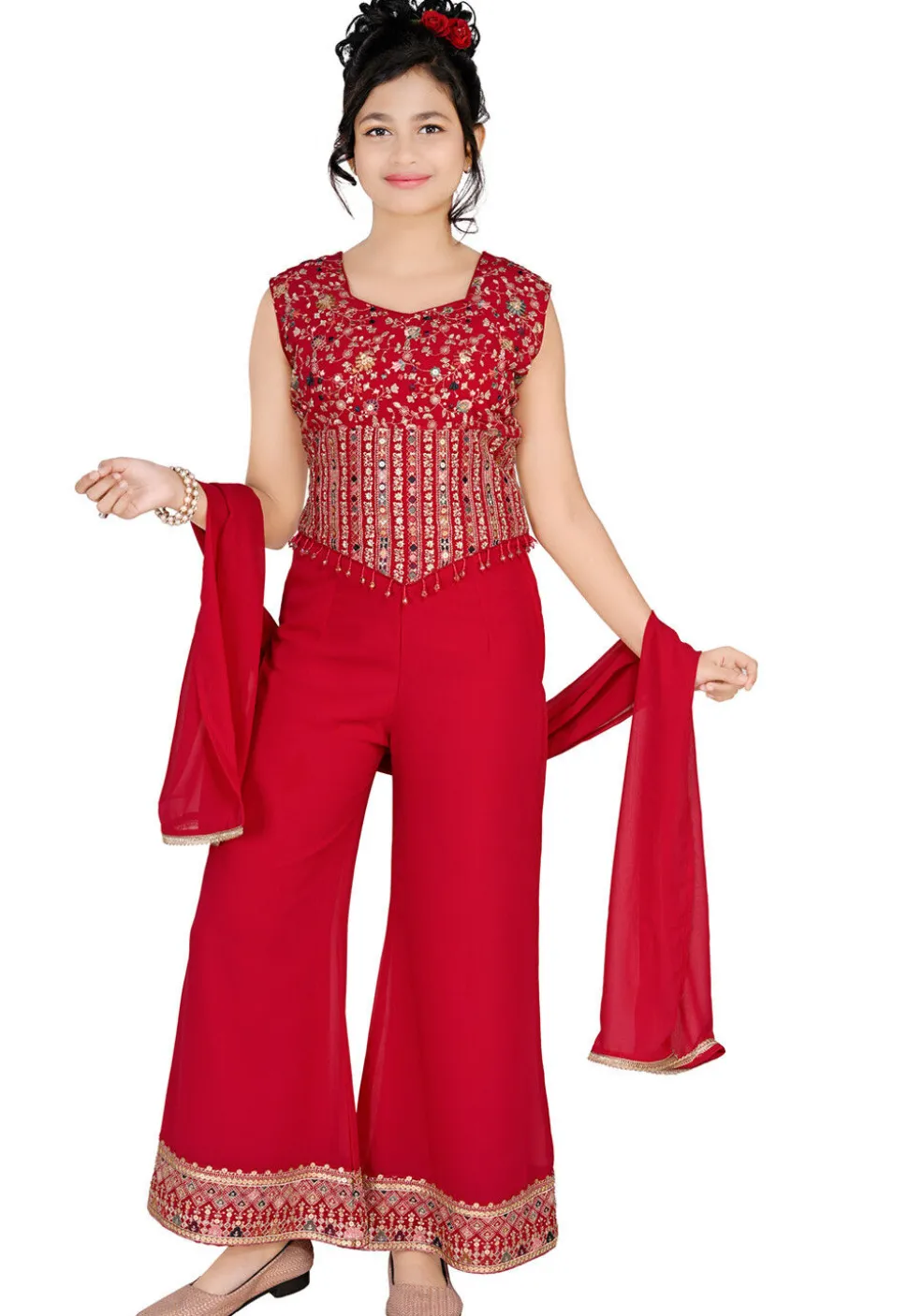 Embroidered Georgette Crop Top Set in Fuchsia
