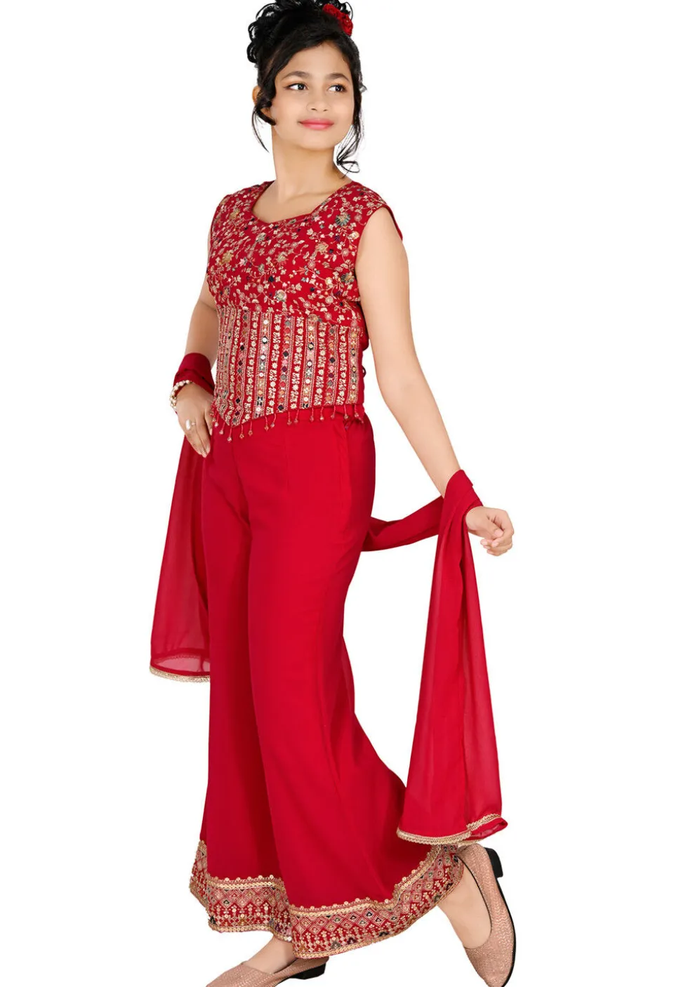 Embroidered Georgette Crop Top Set in Fuchsia