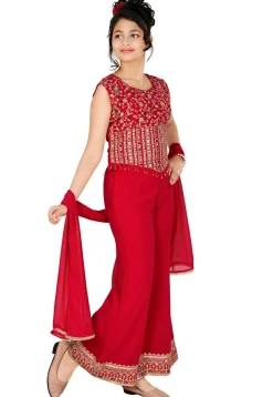 Embroidered Georgette Crop Top Set in Fuchsia