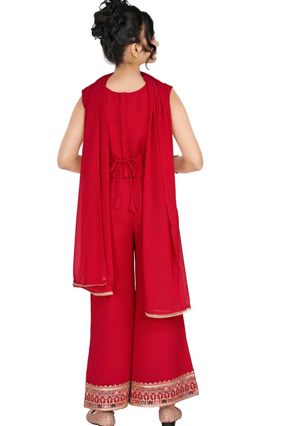 Embroidered Georgette Crop Top Set in Fuchsia