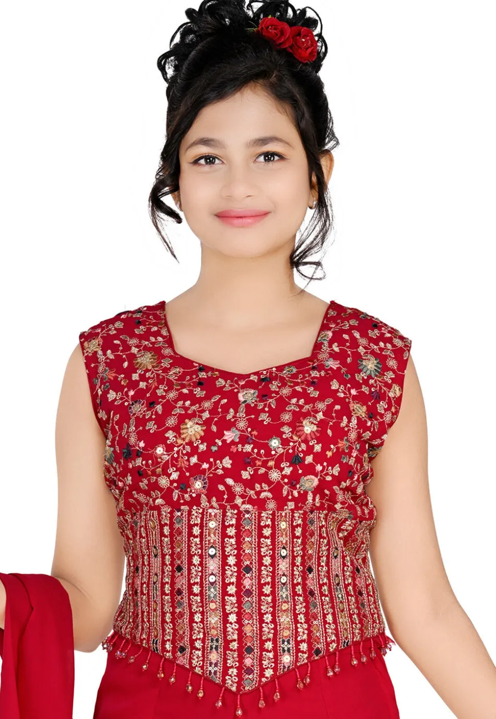 Embroidered Georgette Crop Top Set in Fuchsia