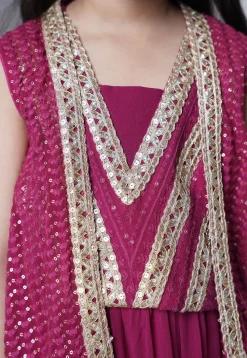 Embroidered Georgette Crop Top Set in Magenta