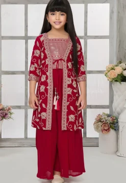 Embroidered Georgette Crop Top Set with Jacket in Red