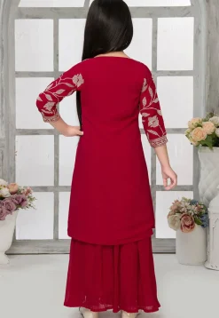 Embroidered Georgette Crop Top Set with Jacket in Red
