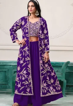 Embroidered Georgette Crop Top Set in Purple